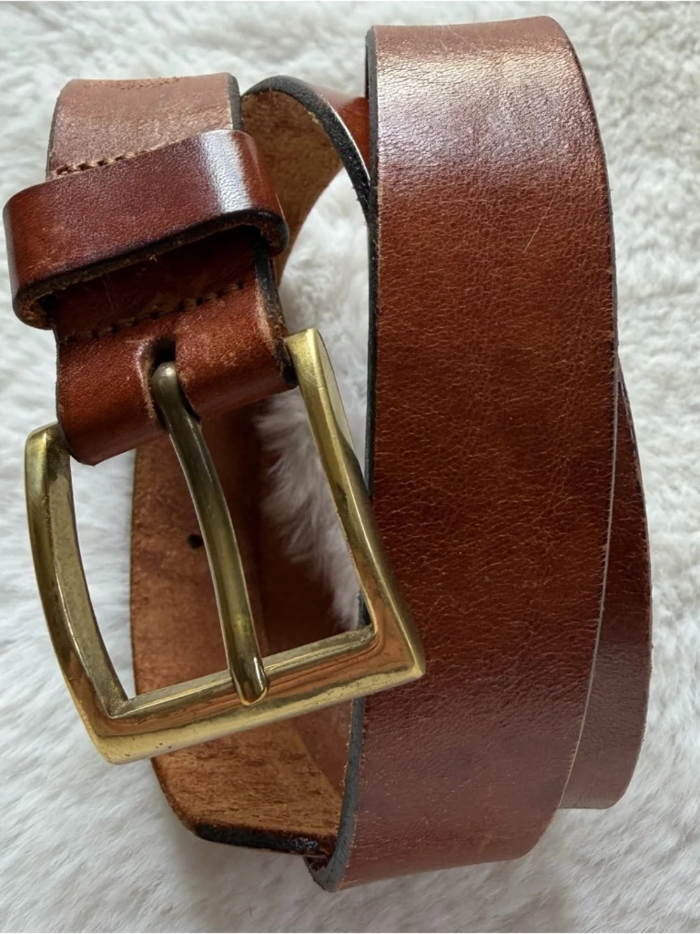 Brown Leather Belt Women Size 38 Brass Buckle Vintage Unisex
